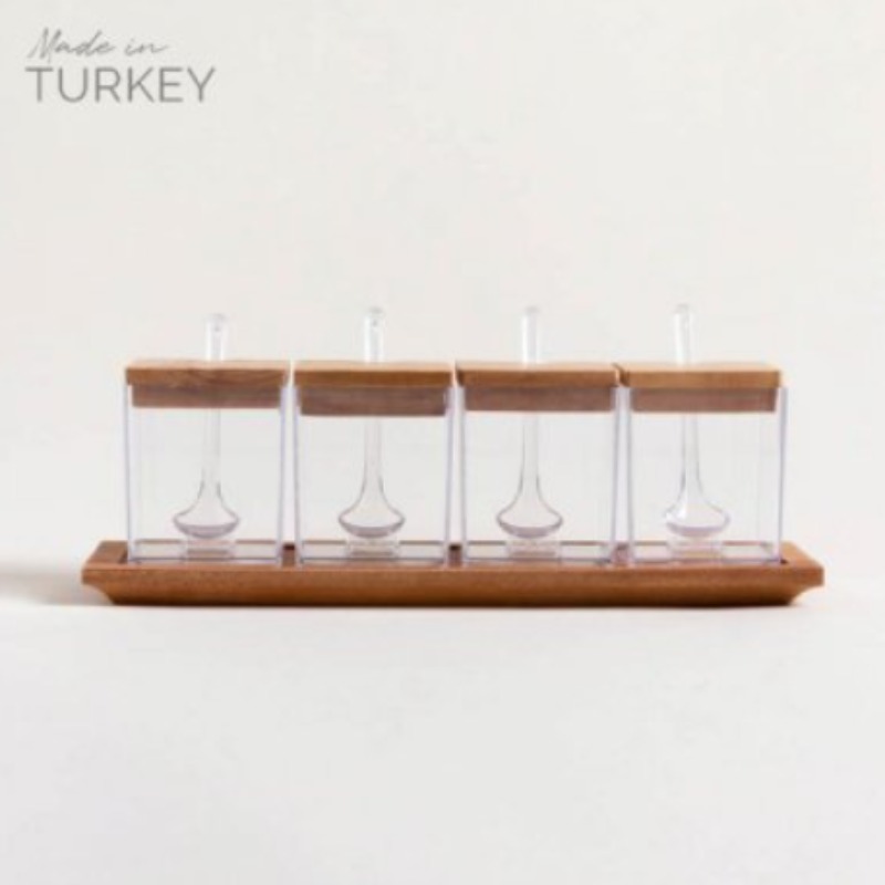 Set X 4 Recipientes Cuadrados Acrilico Tapa De Madera 32,5x11 Cm